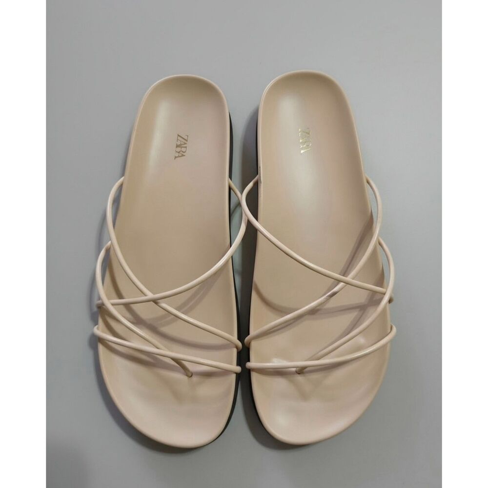 ZARA Sandals Cream Thin Crossover Straps Slides Size 37 / US 6.5